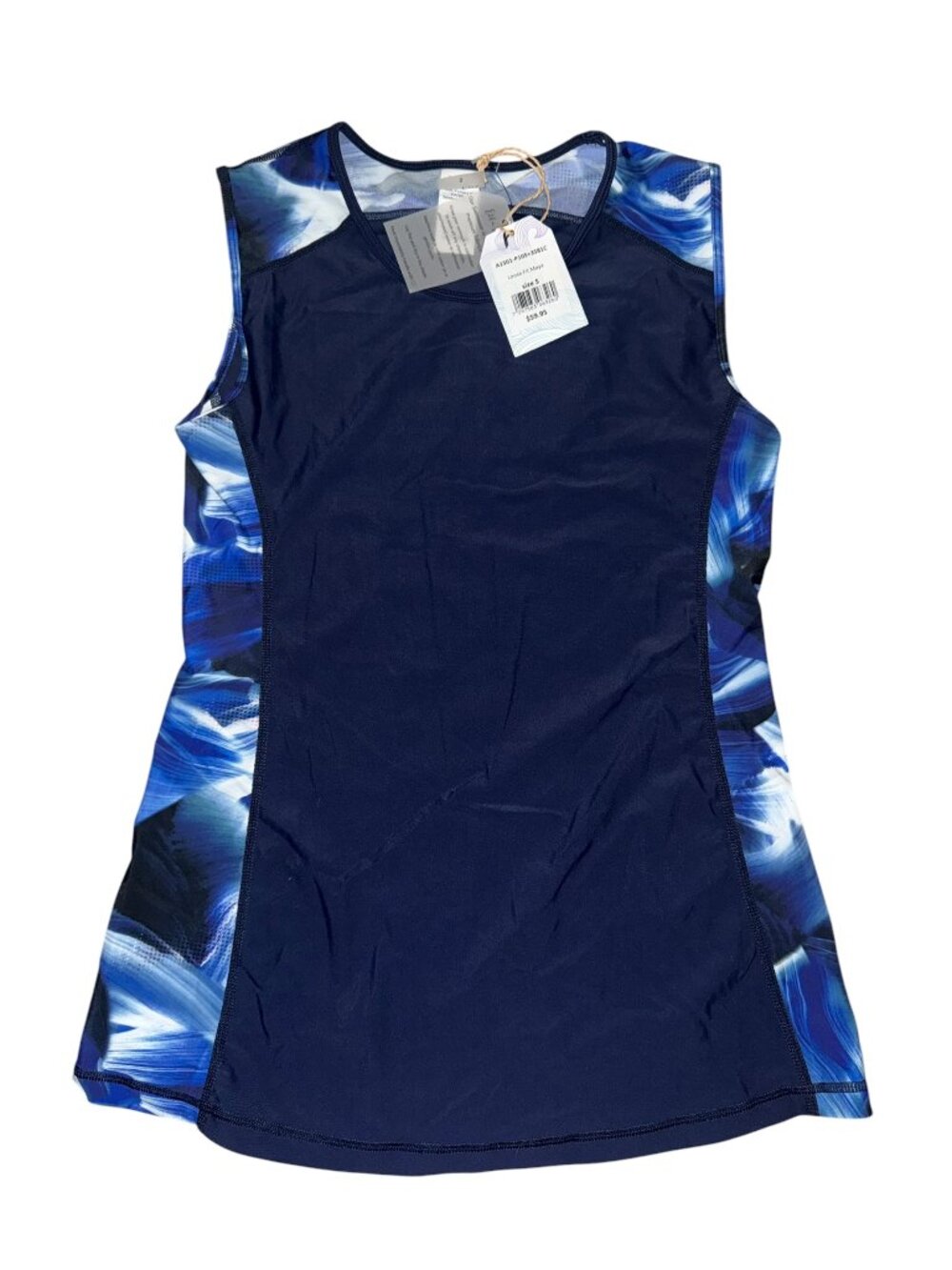 Ell & Voo Aqua Performance Sleeveless Top Navy Blue Pattern NWT Size Small